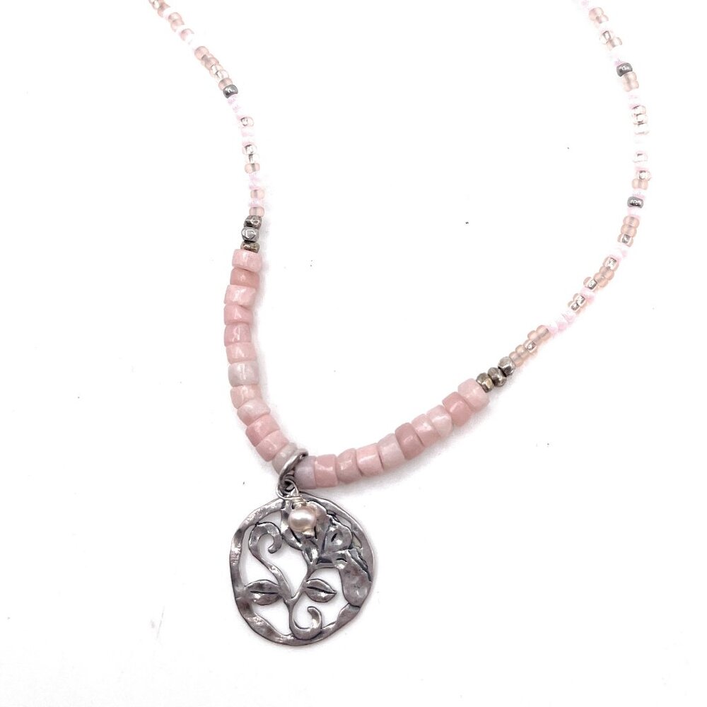 Silpada Pink Beaded Necklace with Silver Floral Pendant - Picture 2 of 3